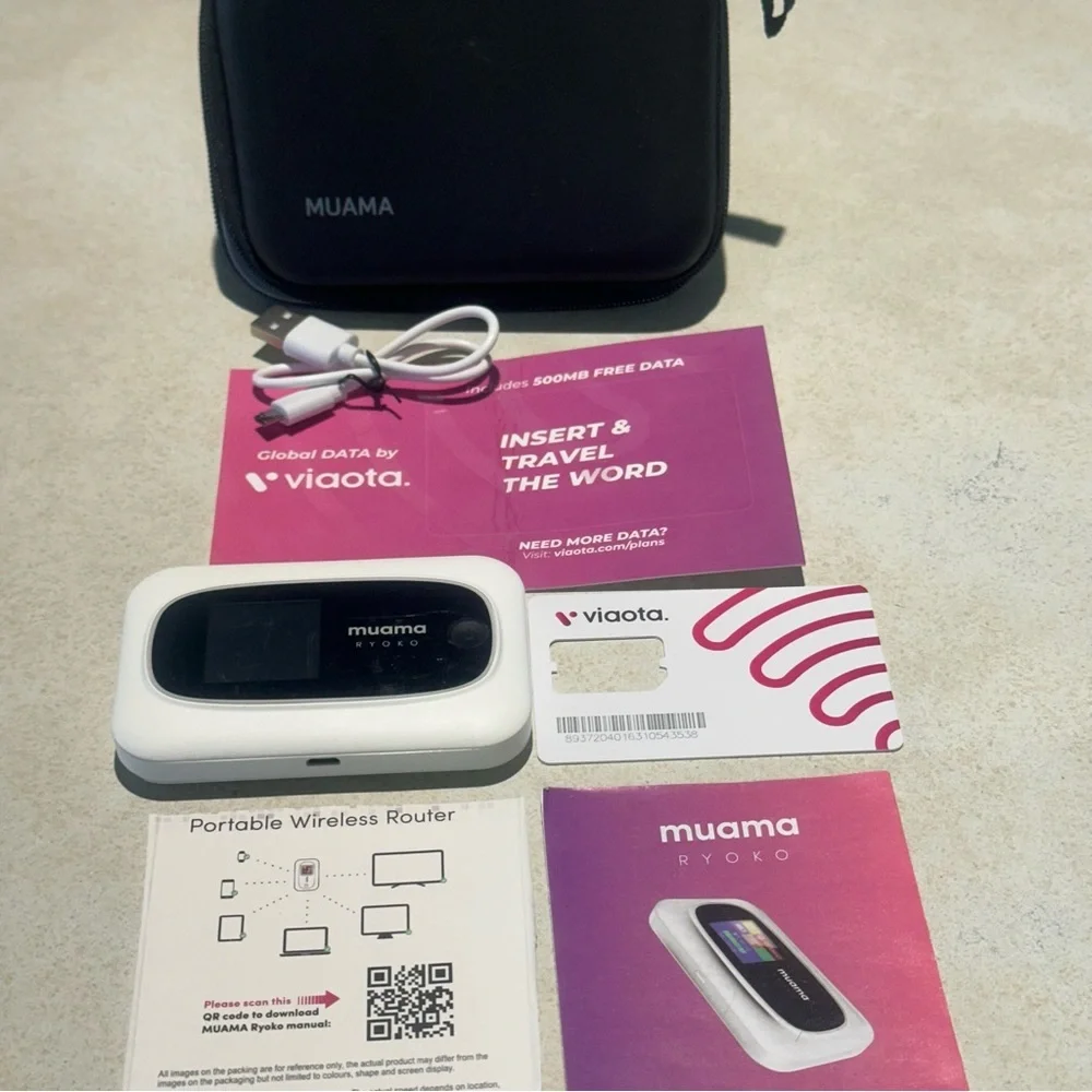 Muama Ryoko 4G LTE Portable Travel Wi-Fi Hotspot + Case, Charging Cord & SIM